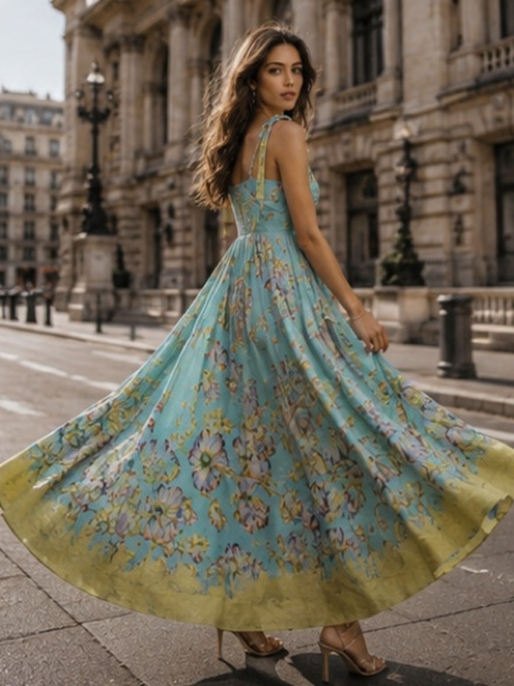 Alemais Aqua Floral Backless Maxi Dress with Yellow Hem